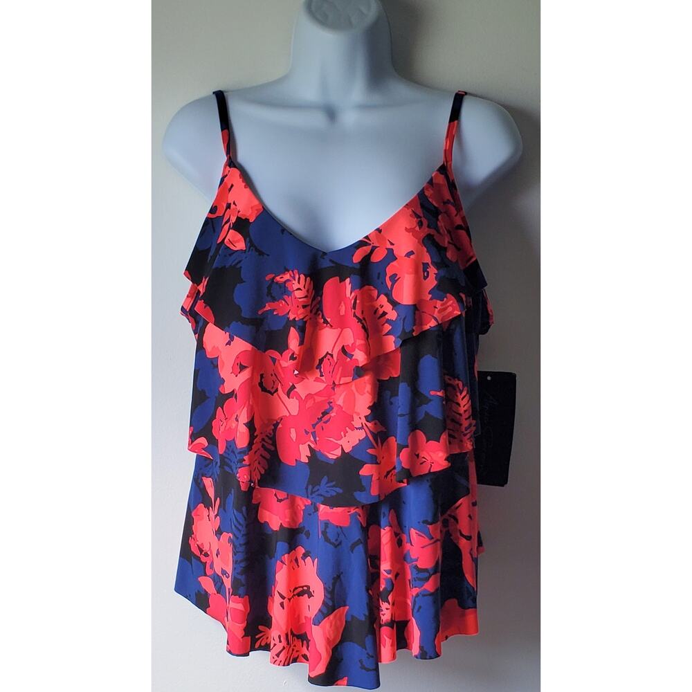 Aqua Green NWT Womens Blue Floral Print Ruffled Tankini Top Size XL Beach Travel